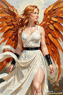 Walking forward in a white dress, a winged red-haired woman looks to the side