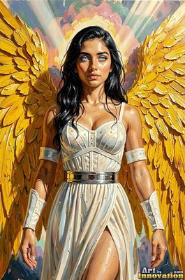 A dark-haired woman in a pale simple white dress stands with yellow wings