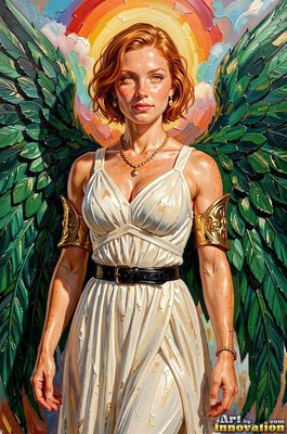 A woman in a white dress with green feathered wings stands under a bright rainbow halo