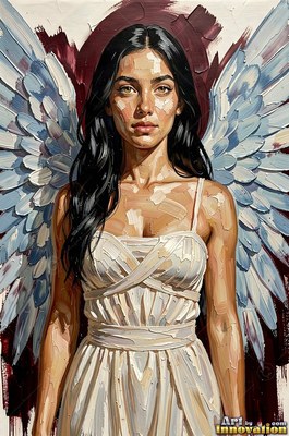 A dark-haired woman stands in a white gown, framed by pale blue wings and a dark red background