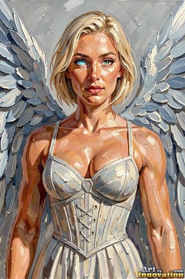 Facing forward indoors, a blonde winged woman wears a white laced dress
