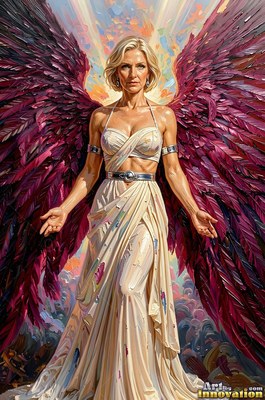 A blonde woman with maroon feathered wings stands in a cream dress with open hands