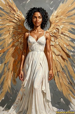 Before a gray wall, a woman with wings stands in a white gown with gold feathers