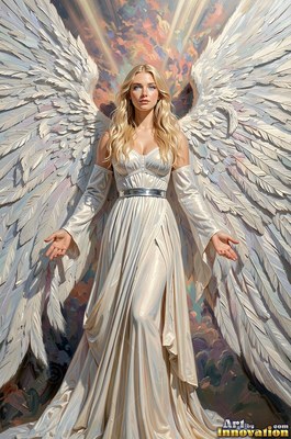 Standing with open hands, a blonde woman angel spreads white wings in a pale gown