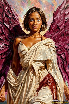 A winged woman in a cream robe with dark magenta wings