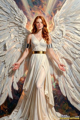 A red-haired woman in a simple white dress spreads large feathered wings against a bright sky