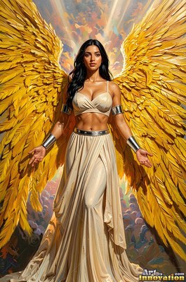 A winged woman spreads her arms wide beneath bright yellow rays of light