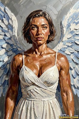 Facing forward against a gray wall, a woman with wings stands in a white dress