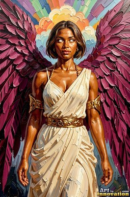 A winged woman in a white dress stands with purple feathers spread out behind her
