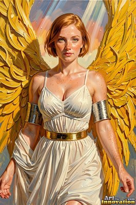 Under bright sky, a winged woman in a white dress stands with golden wings