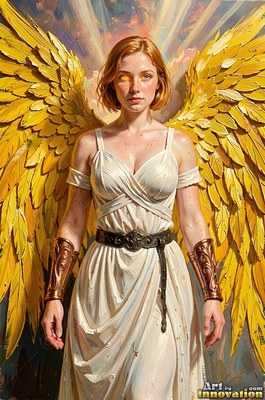 Standing with yellow feathered wings, a woman poses in a pale white dress with copper bracers