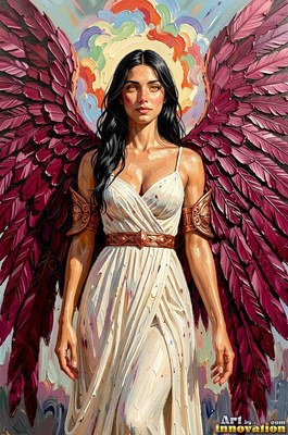 Woman in a white gown with feathered magenta wings
