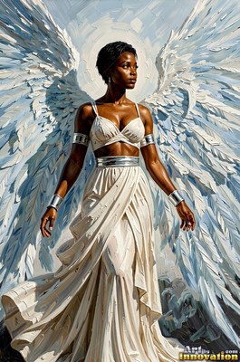 Silver armbands shine on a winged Black woman in white silk against blue sky