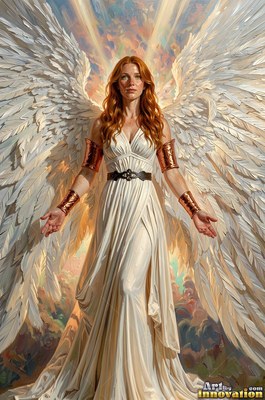 A winged woman opens her hands outward under warm beams of golden light