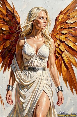 Standing facing forward, a blonde woman in a pale simple white dress spreads wide copper wings