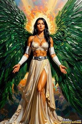 A muscular woman with green wings stands in a cream dress under warm light
