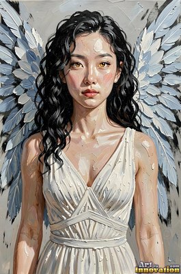 Before a gray background, a winged woman stands in a simple white dress
