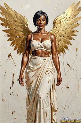 Standing tall, a woman with broad gold wings wears a draped white top and skirt