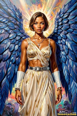 A winged woman in a pale white gown with blue feathers behind her