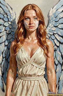 White paint marks the cheek of a winged woman in a cream dress against a pale background