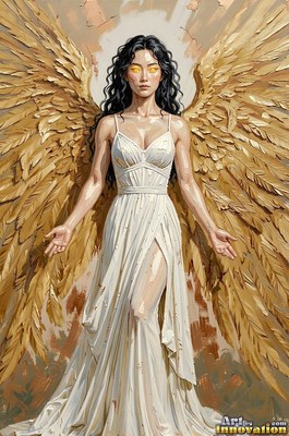 A winged woman opens her hands outward while standing under warm gold light
