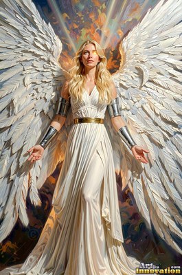 Standing with open hands, a blonde woman in white spreads white wings