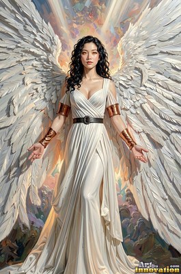 A dark-haired woman in a pale white dress stands open-armed with white wings