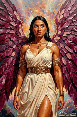 Against a painted pastel sky, a winged woman stands in a simple white dress with gold cuffs