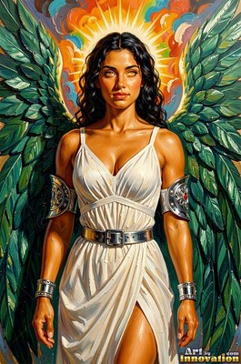 Facing forward, a dark-haired woman stands in a white gown with green feathered wings