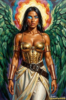 Woman with green wings wearing a gold corset and white skirt