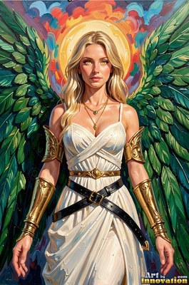 Dressed in a white gown and gold arm guards, a winged blond woman stands before painted clouds
