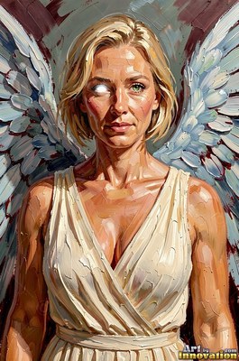 A blonde winged woman stares ahead, one bright white eye catching the warm light
