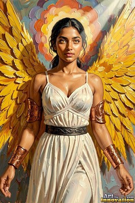 Facing forward under soft sunlight, a winged woman wearing a plain white dress stands outside