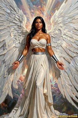 A woman with white feathered wings stands with open hands in a pale white dress