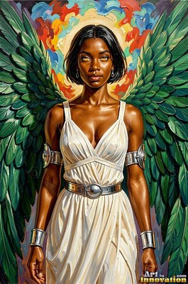 Against a rainbow halo, a Black woman with green wings wears a white dress