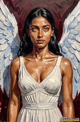 Facing forward, a dark-haired woman in a white dress spreads white wings against red