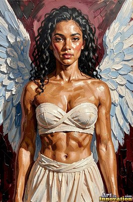 Woman with white wings and curly hair in a white wrap top