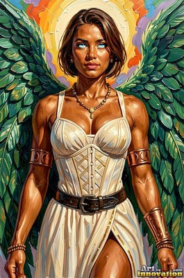 Wearing a white corset dress, a muscular woman with green wings stands before a sunlit halo