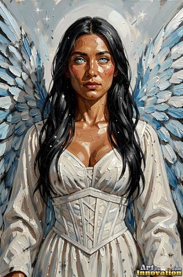 A winged dark-haired woman stands in a white corset dress with pale blue feathers behind her