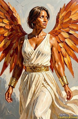 Standing tall against a pale sky, a woman with orange wings looks to the side