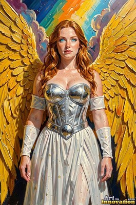 A redheaded woman with bright yellow wings stands in a silver corset