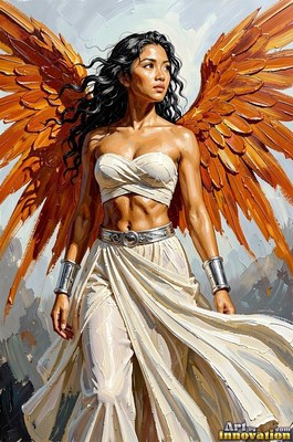 In a gray sky, a winged woman dressed in a pale white dress spreads bright orange wings
