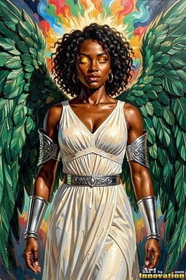 Standing with green wings, a Black woman wears a pale white dress with silver cuffs