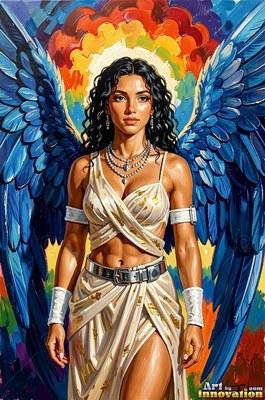 A woman with large blue wings stands in white robes