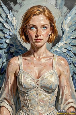 Freckles cover the cheeks of a woman with blue wings standing before a gray backdrop