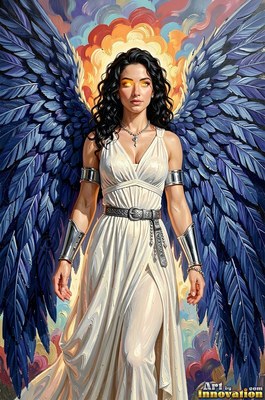 A winged woman in a pale simple white dress stands forward with bright yellow eyes and blue feathers