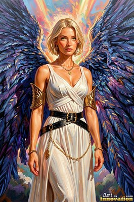 Standing forward, a woman with dark purple wings wears a white dress before bright clouds