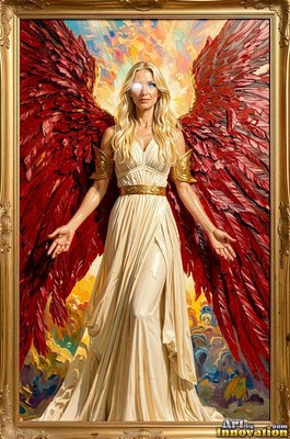 A blond woman with bright eyes and red wings stands in a long dress