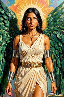 Before bright yellow clouds, a woman with wings stands in a cream dress
