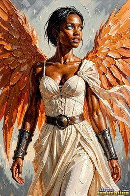 Standing with bright orange wings, a Black woman wears a plain white dress and bracers